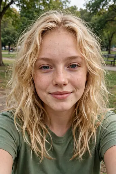 sample: blonde girl, green shirt