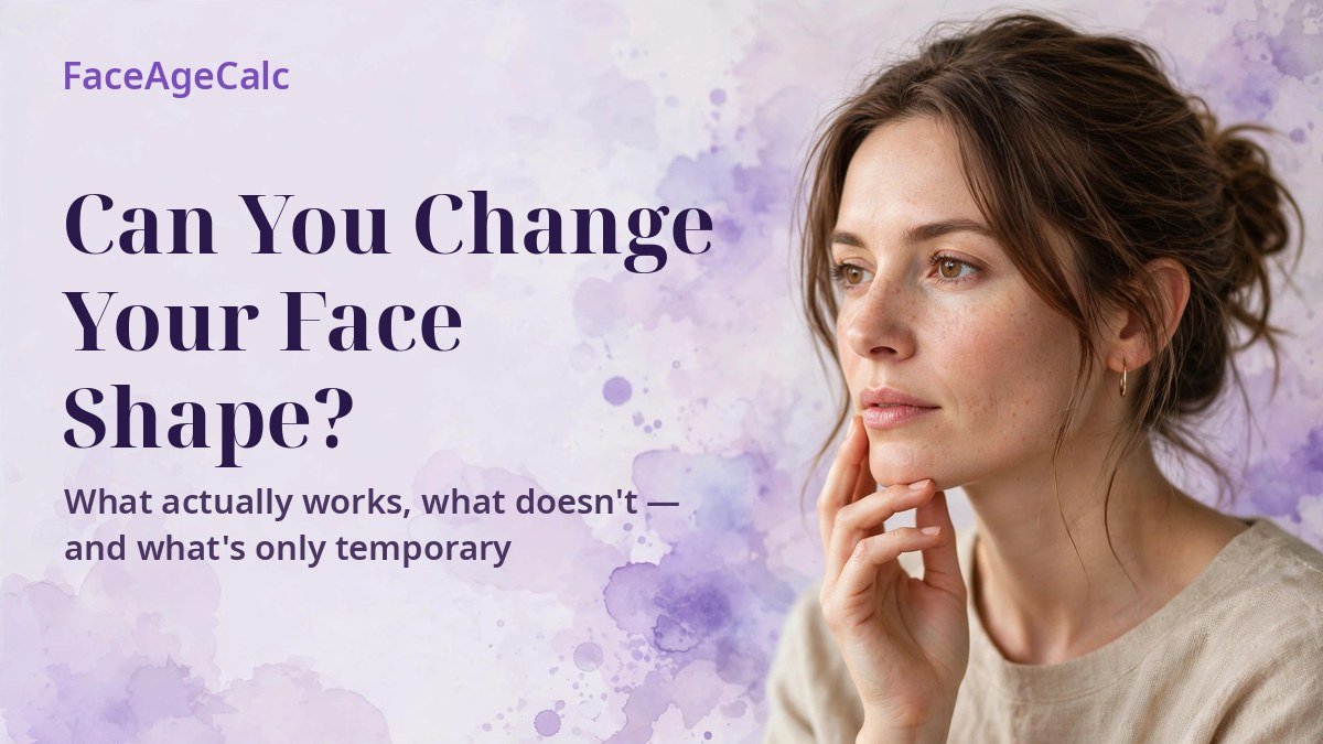 A woman touching her jawline against a pale lavender background with soft purple shapes