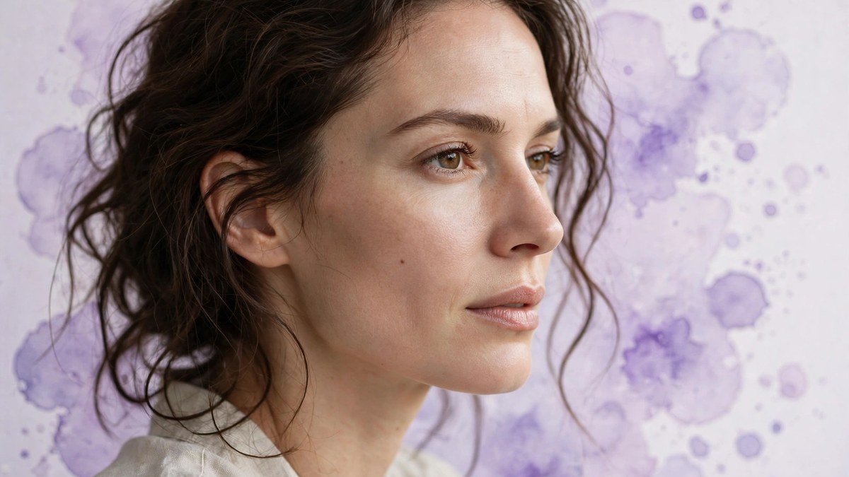 A woman in three-quarter profile with defined cheekbones and jawline against a pale lavender background