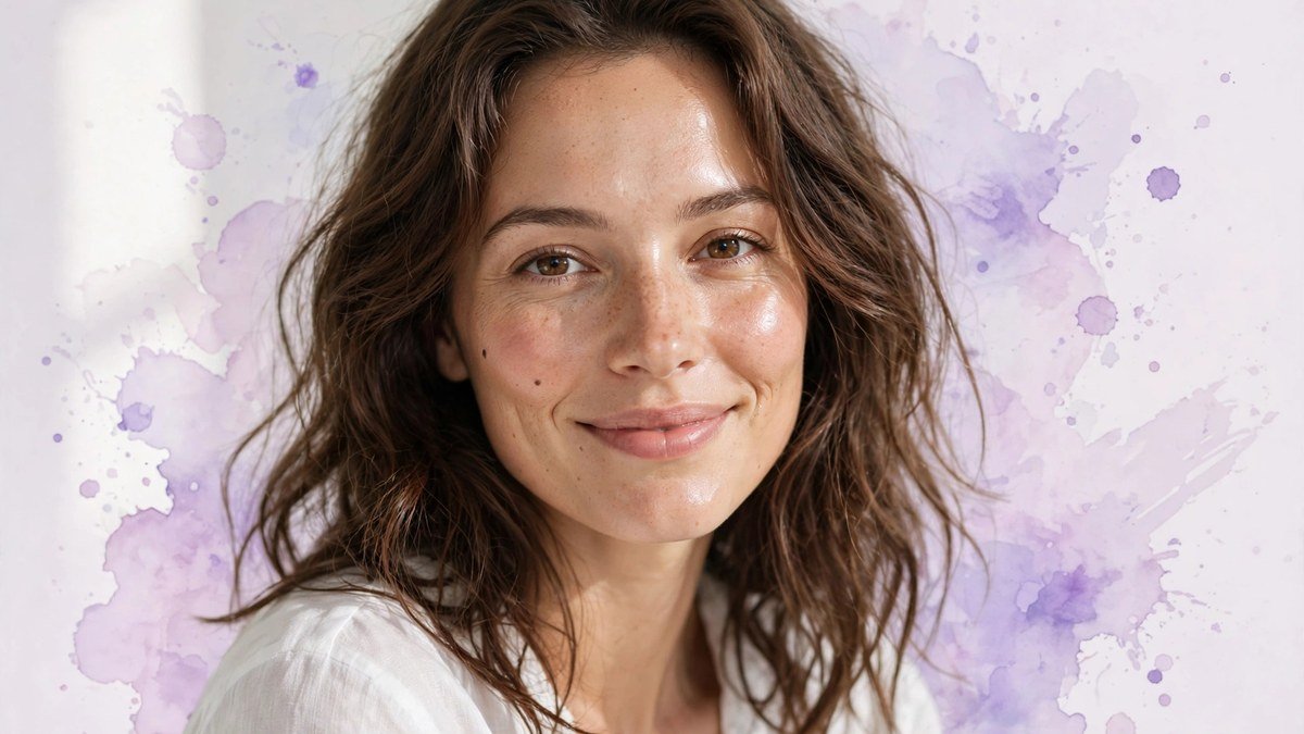 A woman with a fresh, rested look against a pale lavender background — sleep, hydration and weight all change how face shape appears