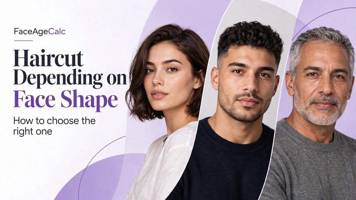 Face shape and haircut guide showing six people with varied hairstyles and face-outline icons