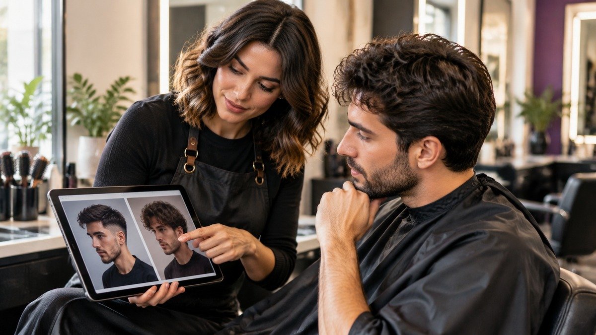 Stylist discussing haircut reference photos with a client during a salon consultation
