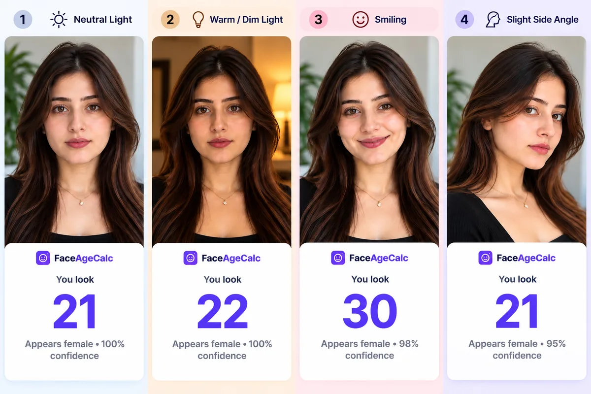 Actual FaceAgeCalc test results for the same fictional face in four photo conditions: neutral light estimated age 21, warm dim light 22, smiling 30, slight side angle 21