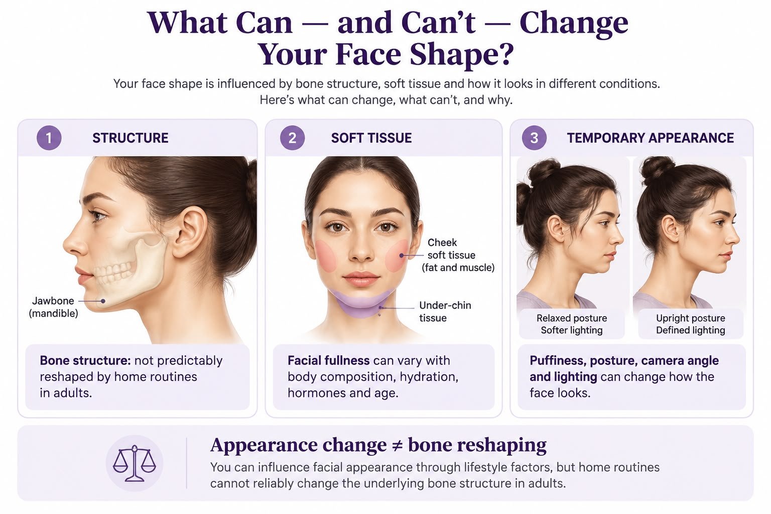 Educational infographic distinguishing adult facial bone structure, changeable soft tissue, and temporary appearance differences caused by posture, puffiness, camera angle, and lighting.