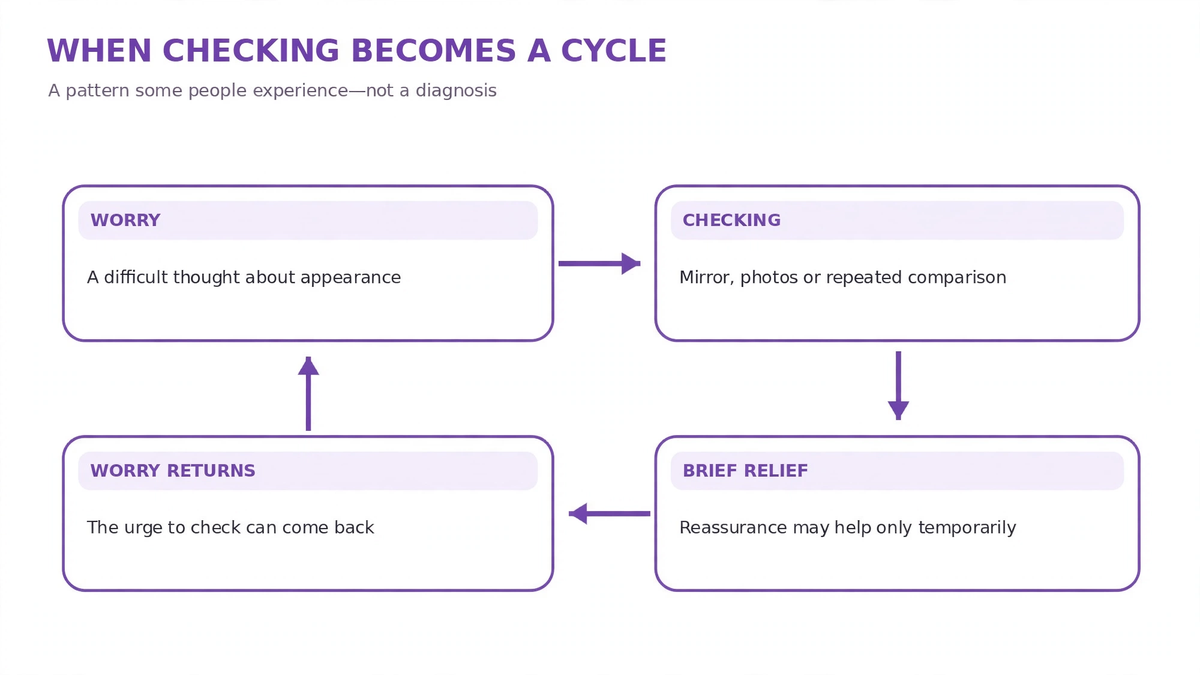 Illustration of a possible appearance-checking cycle: worry, checking or comparison, brief relief, and worry returning