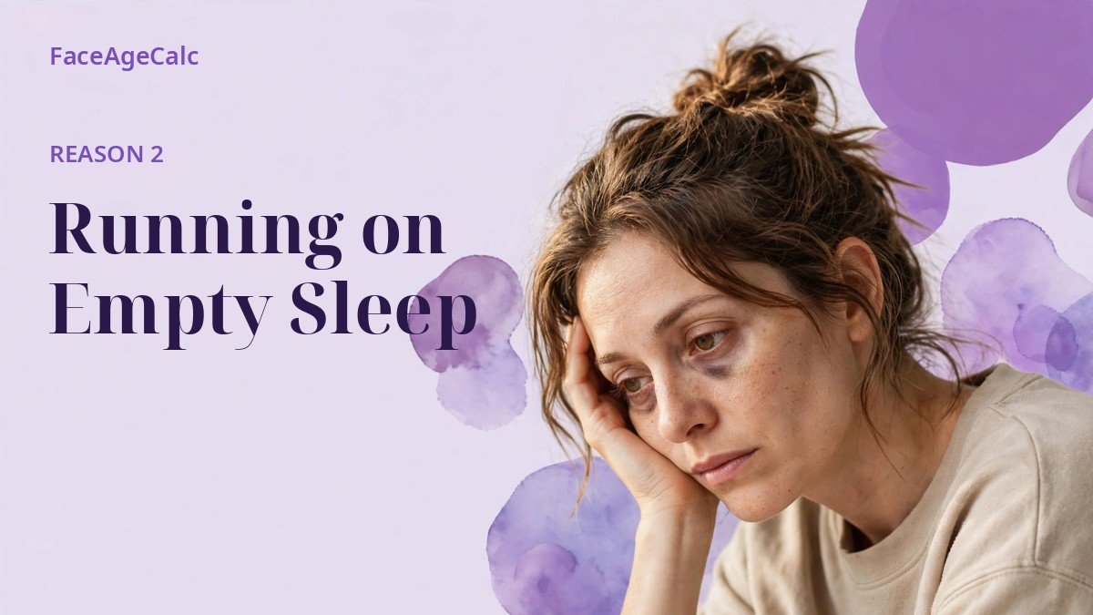 A tired woman resting her head on her hand, dark circles under her eyes, against a pale lavender background