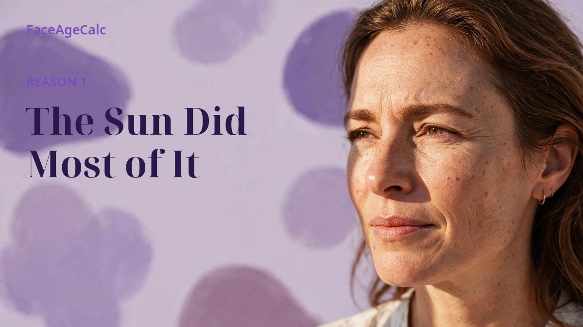 A woman's face in strong sunlight against a pale lavender background — UV exposure drives most visible facial aging